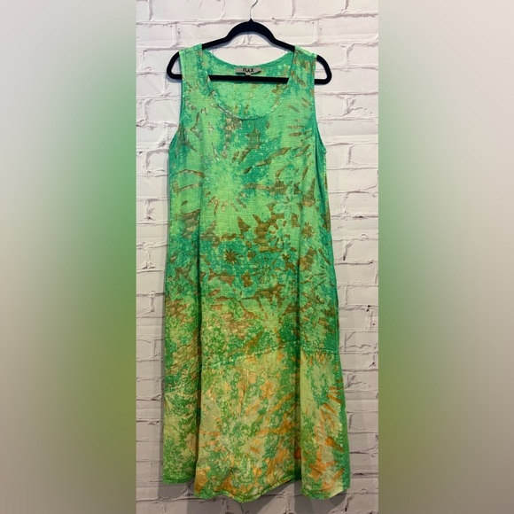 FLAX Sleeveless Maxi Dress – Boho A-Line in Green & Sun-Brown Print, Size Medium - Picture 1 of 6